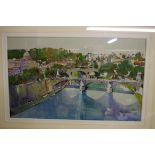 David Sawyer, Tiber Bridges, signed and dated 1998, watercolour, 71 x 44cm.