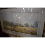 S J Bowers, a summer harvest scene, signed, watercolour, 36.5 x 71.5cm.