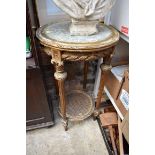 A Louis XVI style gilt wood and marble top gueridon, 43.5cm wide.