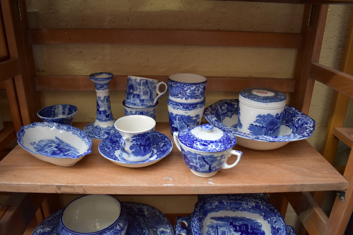 A collection of Abbey pattern blue and white ceramics.