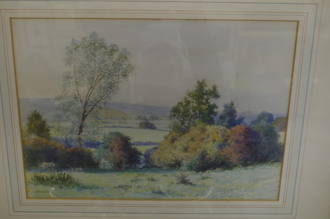 William E Evans, a rolling landscape, signed, watercolour, 22 x 32cm. - Image 2 of 2