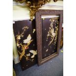 A pair of Japanese shibayama panels, 90 x 48cm, each in carved wood frames.