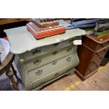 An antique green painted bombe commode, 85cm wide.