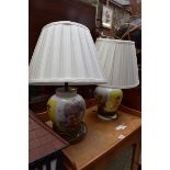 A pair of Dresden vase form table lamps, height excluding fitting 24.5cm.