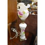 An opaque glass table lamp, painted with flowers and inscribed signature, total height 60cm.