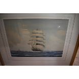 R Heddon, a three masted sailing vessel at sea, signed, watercolour and gouache, 26 x 36.5cm.
