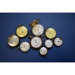 Eight various silver and metal pocket and fob watches and an empty silver watch case.