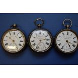 Three silver open faced pocket watches. Condition Report: All poor. Not working.