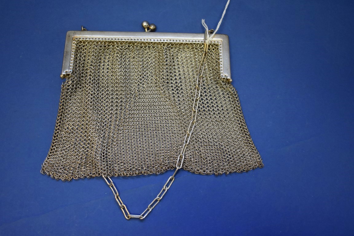 Two sterling silver mesh evening bags, 340g; together with a metal example; and an . - Image 2 of 4