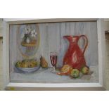 English School, still life of fruit and a jug, indistinctly signed, oil on artist's board, 36 x 53.