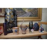 A small collection of art glass; together with two Doulton stoneware vases.