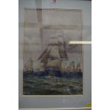 Follower of W L Wyllie, sailing vessels at sea, bears signature, watercolour, 47 x 32cm.