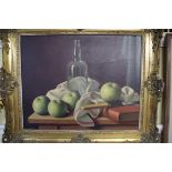 Christopher Cawthorn, still life of a bottle and green apples, signed, oil on canvas, 39 x 49cm.