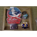 Of Butlins Interest: a Motor Cycle Club badge; two 1955 Skegness pin badges; and two wooden coat