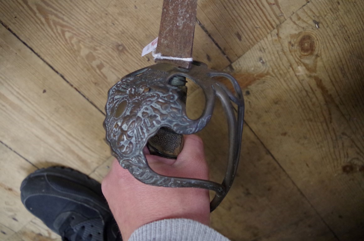 An antique Turkish ottoman basket handled sword, with crescent and three stars to blade, the blade - Image 2 of 2