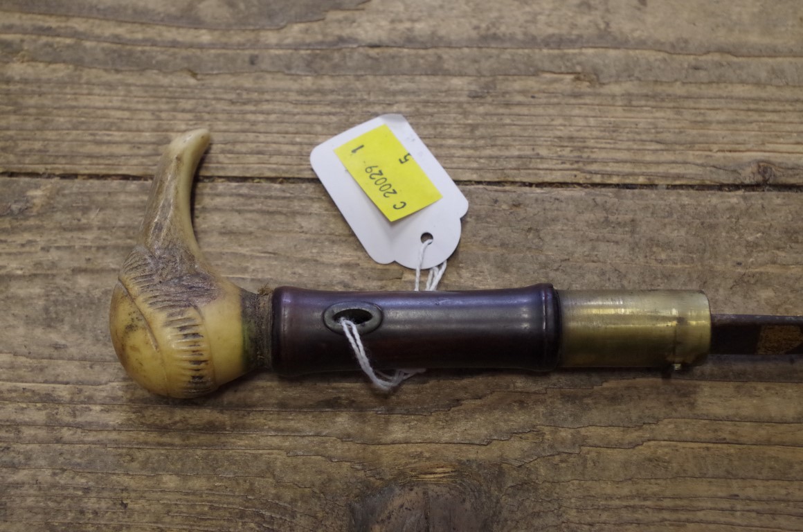 An unusual antique sword stick parasol, with brass mount inscribed 'Mw Gombes, Chichester', with - Image 4 of 5