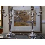 A pair of Old Sheffield plate twin branch candelabra, 40cm.