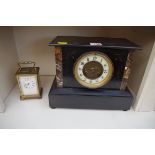 An old brass carriage timepiece, height including handle 14.5cm; together with a slate mantel clock.