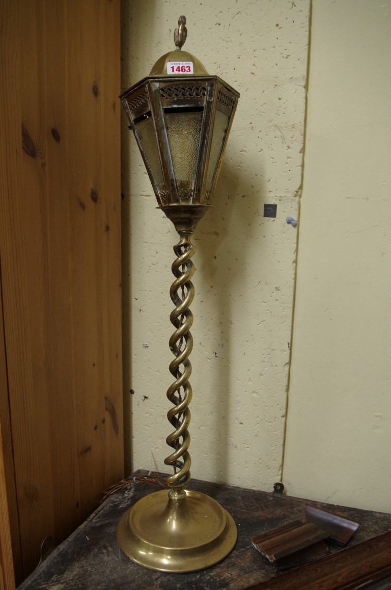 An unusual brass lantern form table lamp, total height 69.5cm.