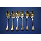 A set of six George lll silver fiddle pattern dessert spoons, by Solomon Hougham, London 1813, 191g.