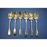 Six George lll Scottish silver fiddle pattern teaspoons, various makers & dates, 88g.