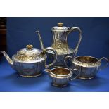 A Victorian four piece silver tea set, by  Horace Woodward & Co, London 1888, having chased floral