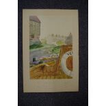 BENNETT (Arnold, author): watercolour on paper of canal boat scene by writer Arnold Bennett,