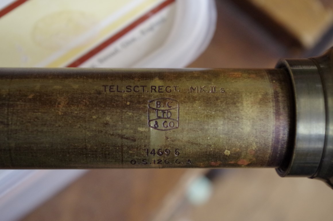 A WWII period leather cased lacquered brass three drawer telescope, inscribed and stamped with war - Image 2 of 2