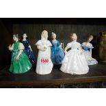 Six Royal Doulton figures, comprising 'Amanda' HN3635; 'Marjorie', HN2788; 'Bridesmaid', HN2874; '