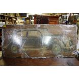 A wooden jigsaw puzzle of a 1938 Ford V8, in oak mount, the whole 39.5 x 91.5cm, (13 pieces