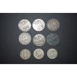 Five Victoria silver crowns; together with a George III silver crown 1820; and three silver