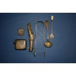 A pair of Georgian sugar tongs, a 9ct gold wristwatch case and other sundry items.