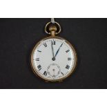 A 9ct gold open faced pocket watch, having Roman numerals on a white enamel dial and a subsidiary