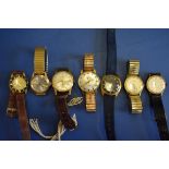 Seven vintage gold plated gentleman's wristwatches, by Services, Favre Leuba, Arthur Saunders and