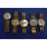 Five vintage gold plated gentleman's wristwatches, by Oris, Roamer, Felca, Mondia and Smiths.