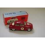 A Tekno Saab 96, No.827, with No.9 and crossed flag decals, boxed.