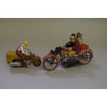 A clockwork tinplate motorcycle and sidecar; together with another similar plastic friction example.