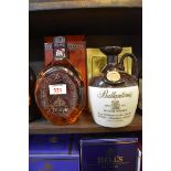 A stoneware flagon of Ballantine's blended whisky, in card box; together with a 75cl bottle of