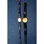 A Longines gold plated ladies wristwatch, 28mm case, number 18897827 on leather strap; together with