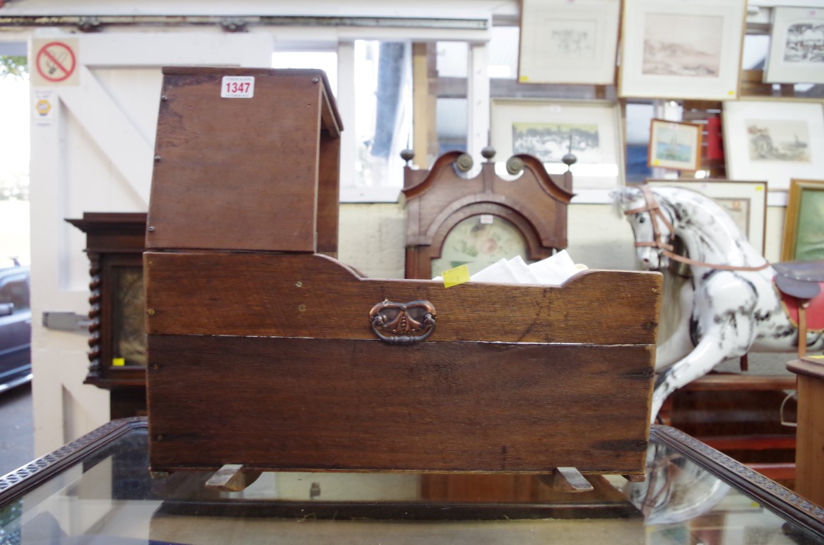 An old doll's crib; together with another similar smaller example, with bisque head. - Image 2 of 2