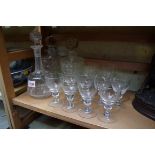 A small collection of glassware, to include a pair of hobnail decanters and stoppers.