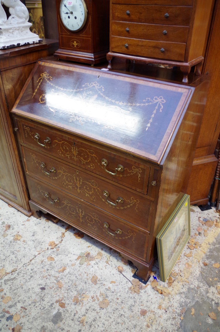 A late Victorian mahogany and marquetry bureau, 84cm wide.