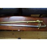 A Victorian 1845/54 Pattern Infantry officer's sword and brass scabbard with etched blade.