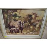 R D McKenzie, rhinoceros, signed and dated '89, oil on canvas board, 44 x 59.5cm.