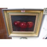 John Foulger, still life of red apples, inscribed verso, oil on board, 19 x 24cm.