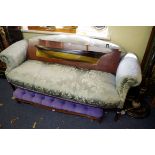 A mahogany and green silk damask scroll arm settee, 173cm wide.