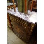 A reproduction Louis XVI style marquetry and marble top side cabinet, 72cm wide.