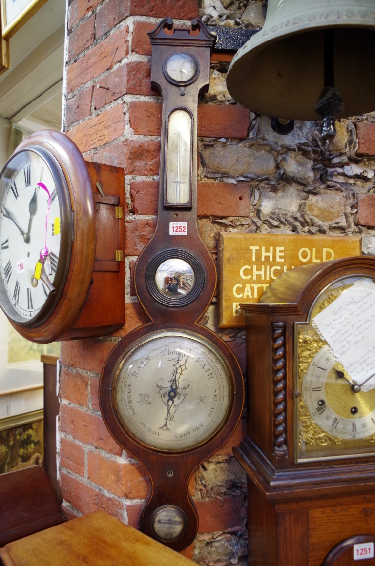 A 19th century mahogany and line inlaid five dial banjo barometer, by J Schalfino, Taunton.