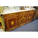 A reproduction Louis XVI style marquetry and marble top side cabinet, 180cm wide.