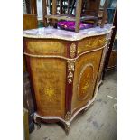 A reproduction marquetry and marble top serpentine fronted side cabinet, with gilt brass mounts,